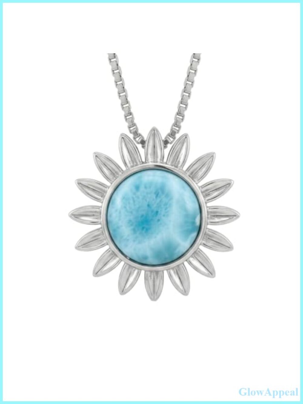 925 Sterling Silver Natural Larimar Sunflower Pendant Necklace 18in Box Chain
